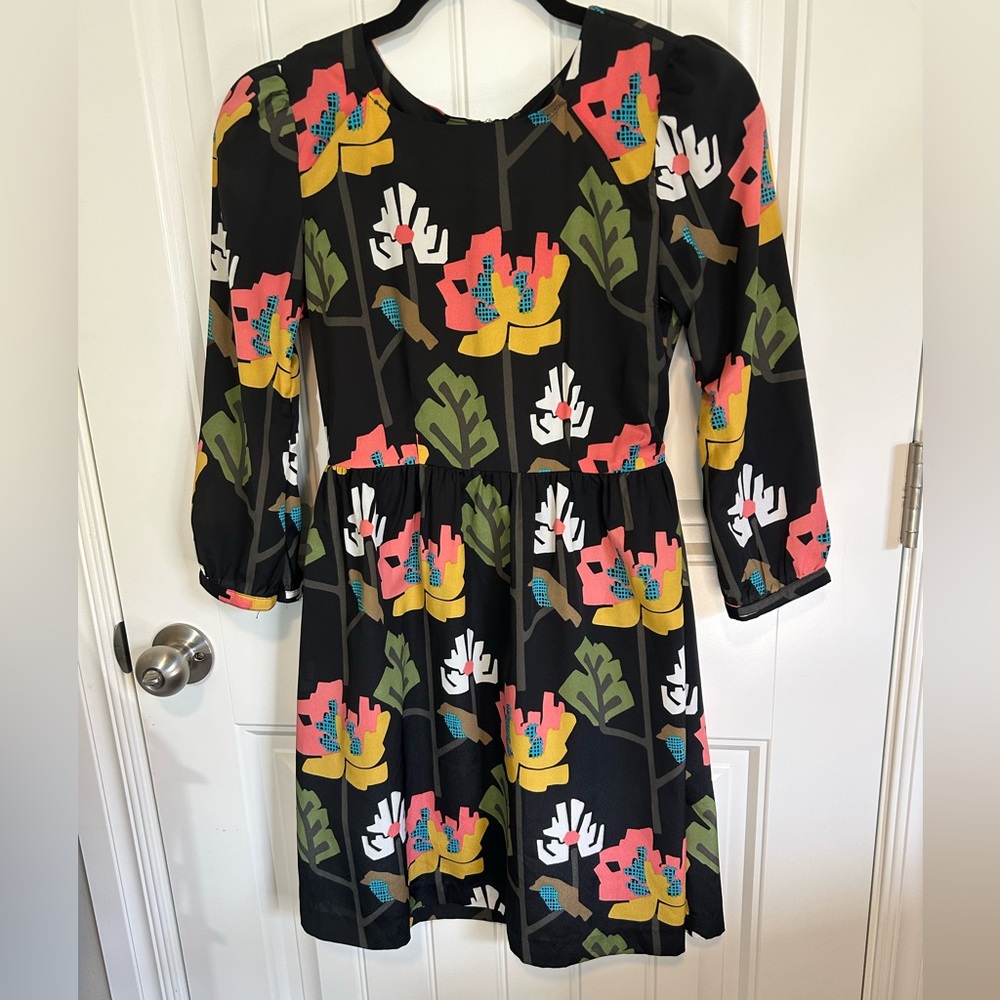 Fossil Tree and Bird Fit and Flare‎ Women’s Fall Dress Size Small Y2K 3/4 Sleeve